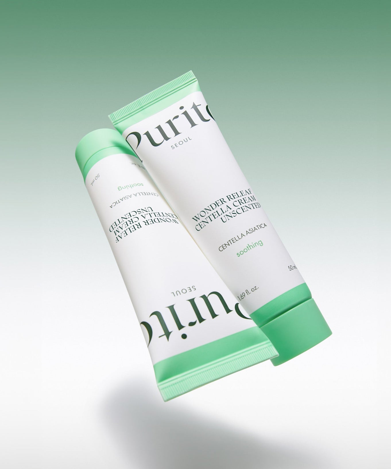 PURITO Wonder Relief Centella Cream Unscented 50ml tube showcased against a gradient background