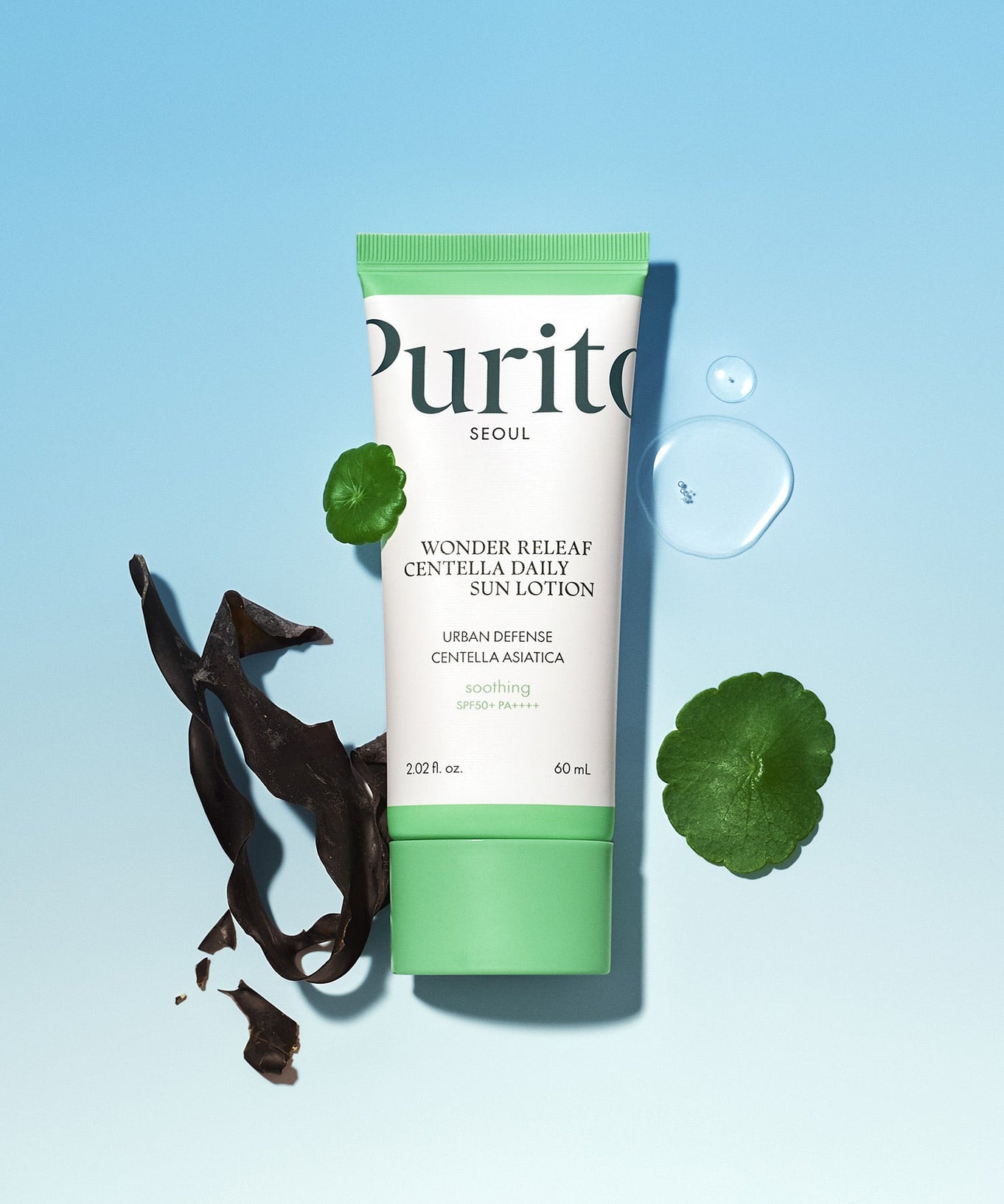 PURITO Wonder Relief Centella Daily Sun Lotion SPF50+PA++++ bottle with natural ingredients on blue background