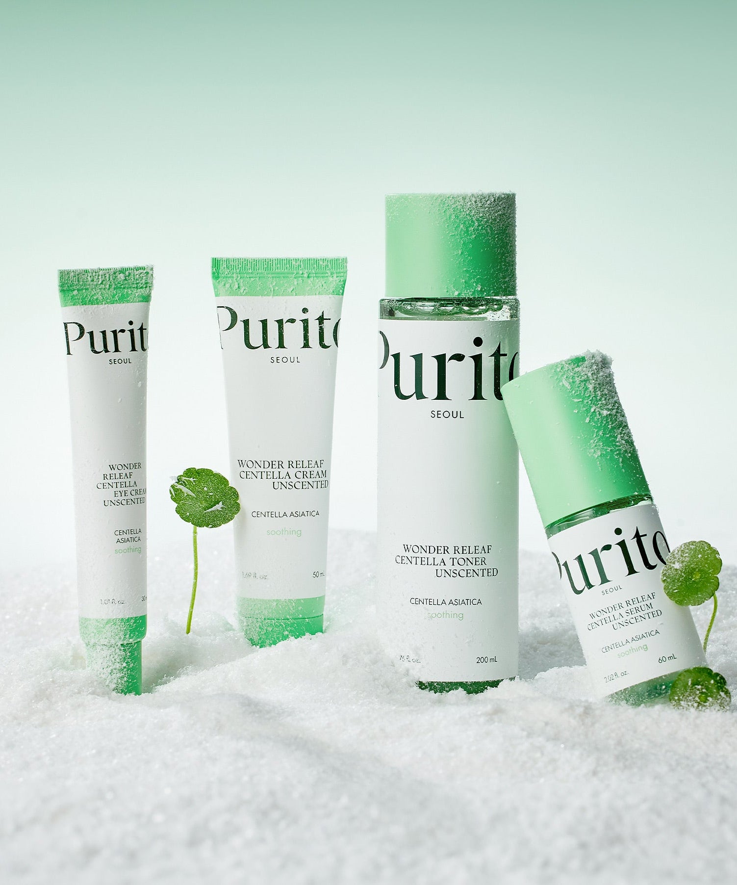 PURITO Wonder Relief Centella Serum Unscented 60ml displayed with other PURITO skincare products on a white background.