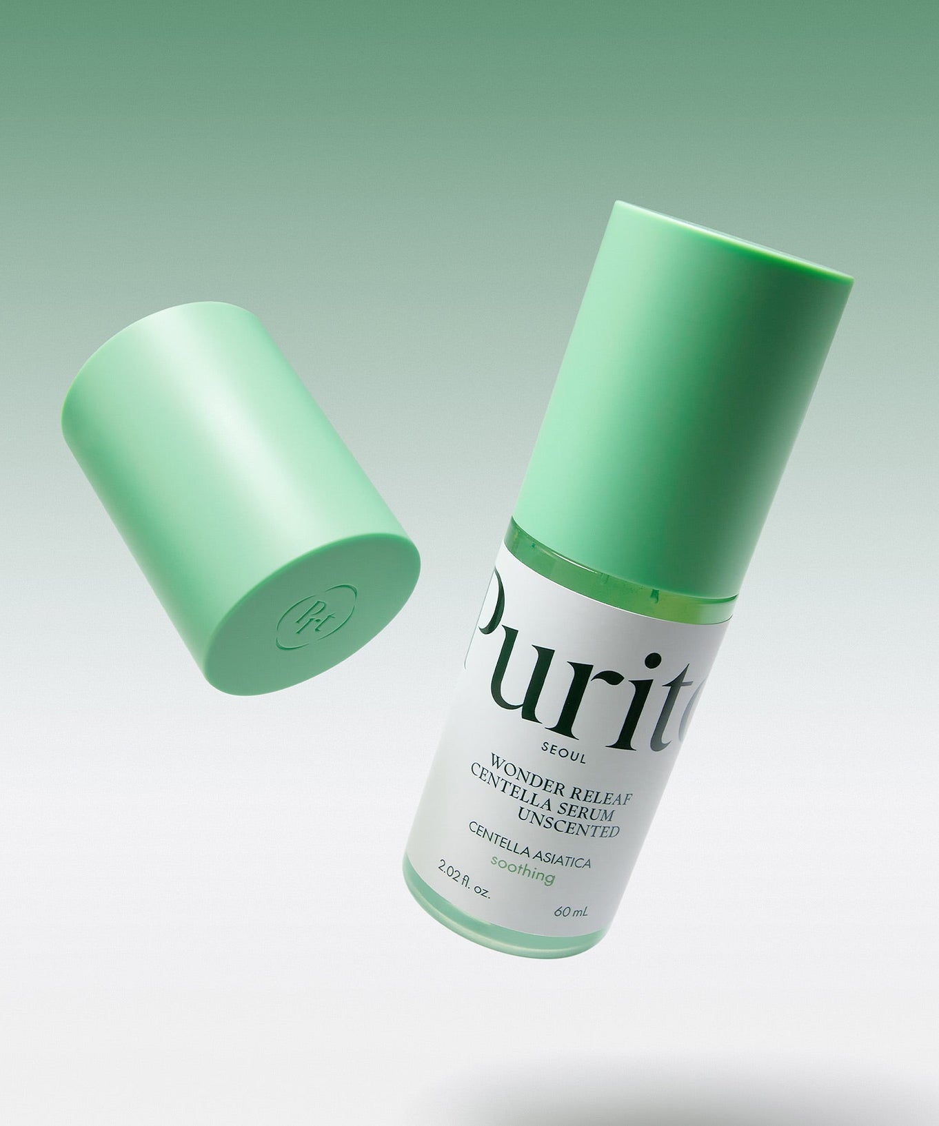 PURITO Wonder Relief Centella Serum Unscented 60ml bottle with green cap on gradient background