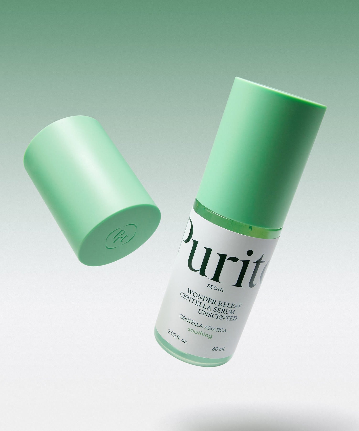 PURITO Wonder Relief Centella Serum Unscented 60ml bottle with green cap on gradient background