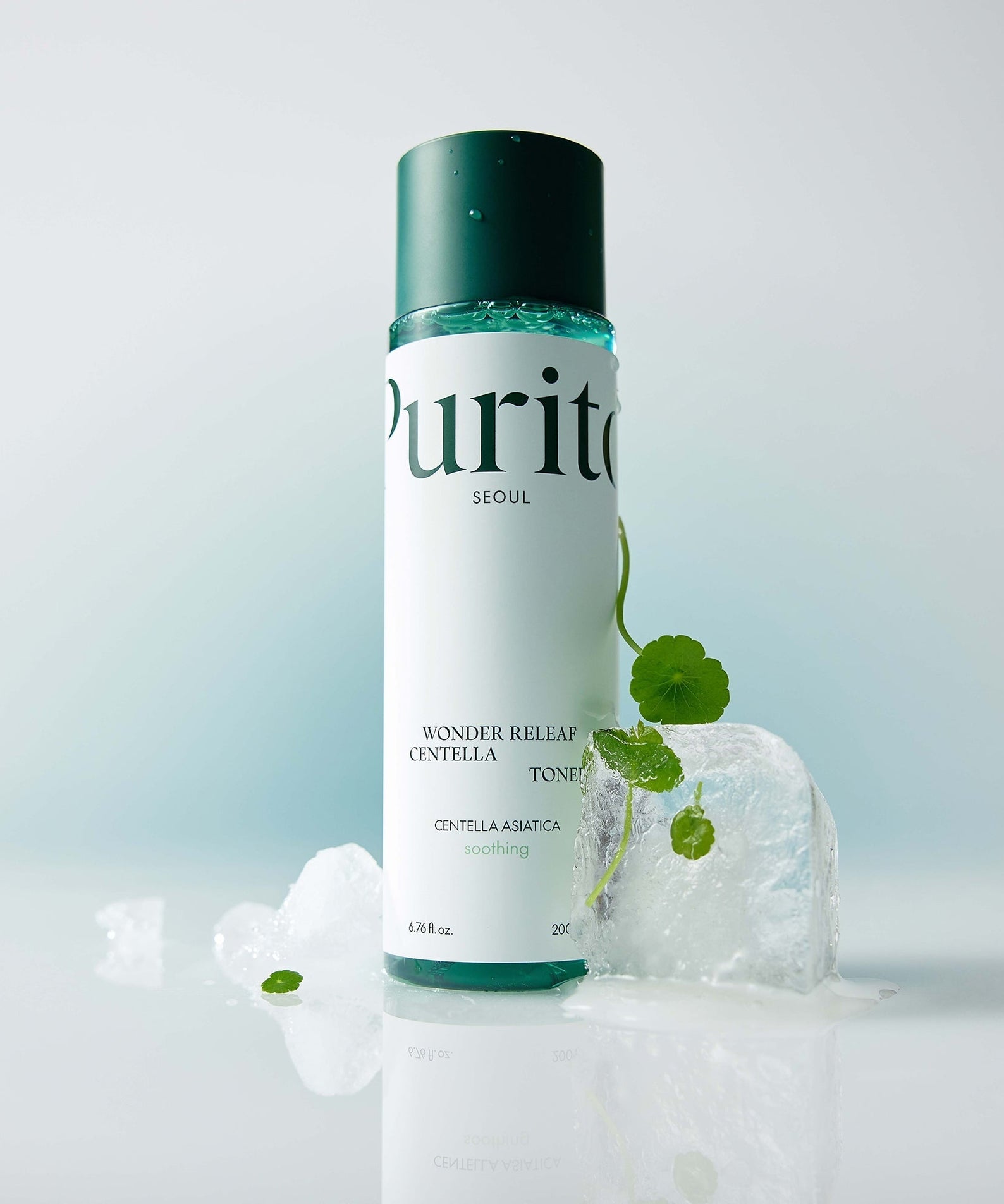 PURITO Wonder Relief Centella Toner 200ml bottle with ice and leaves