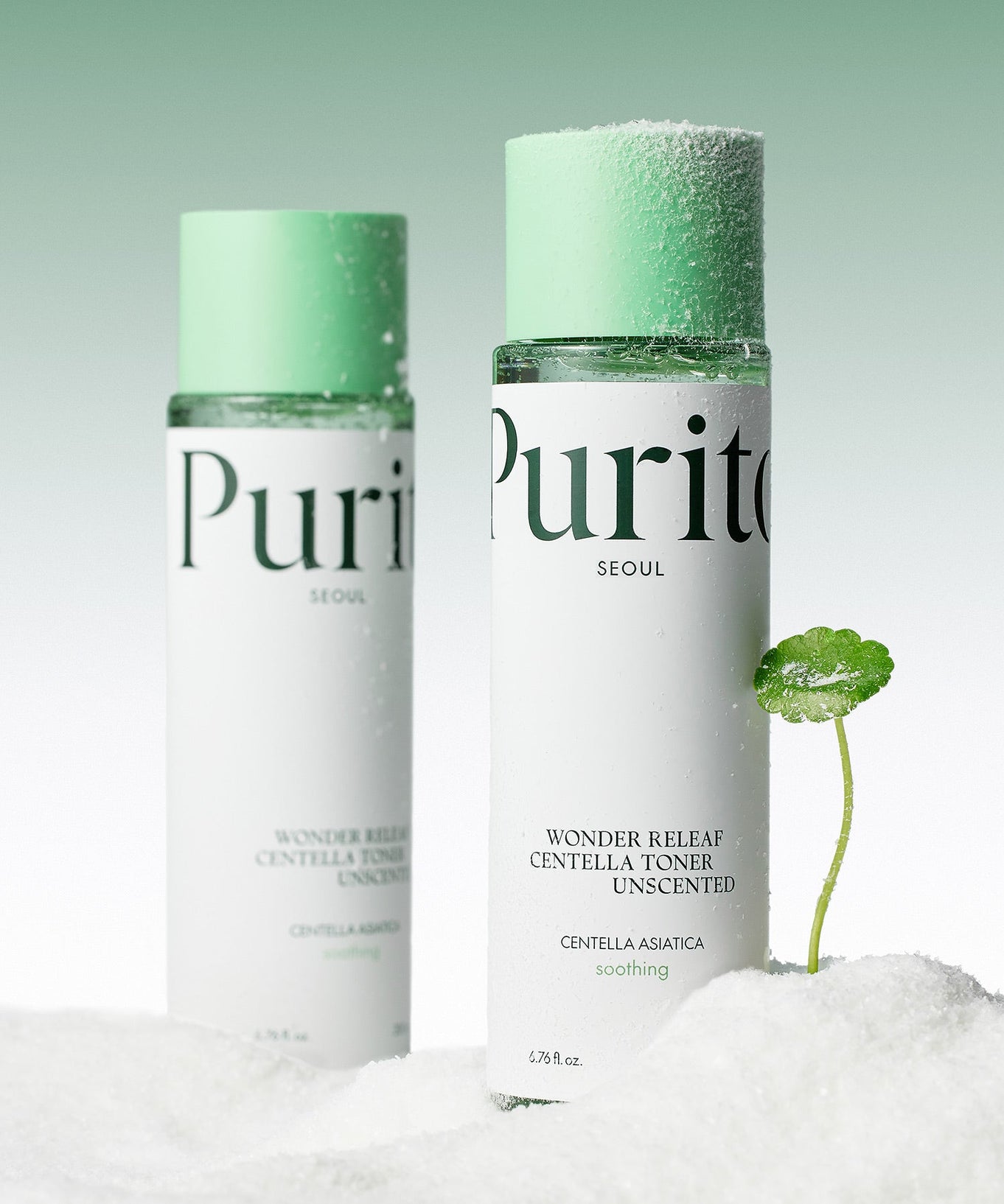 PURITO Wonder Relief Centella Toner Unscented 200ml bottle with green cap on snowy backdrop.
