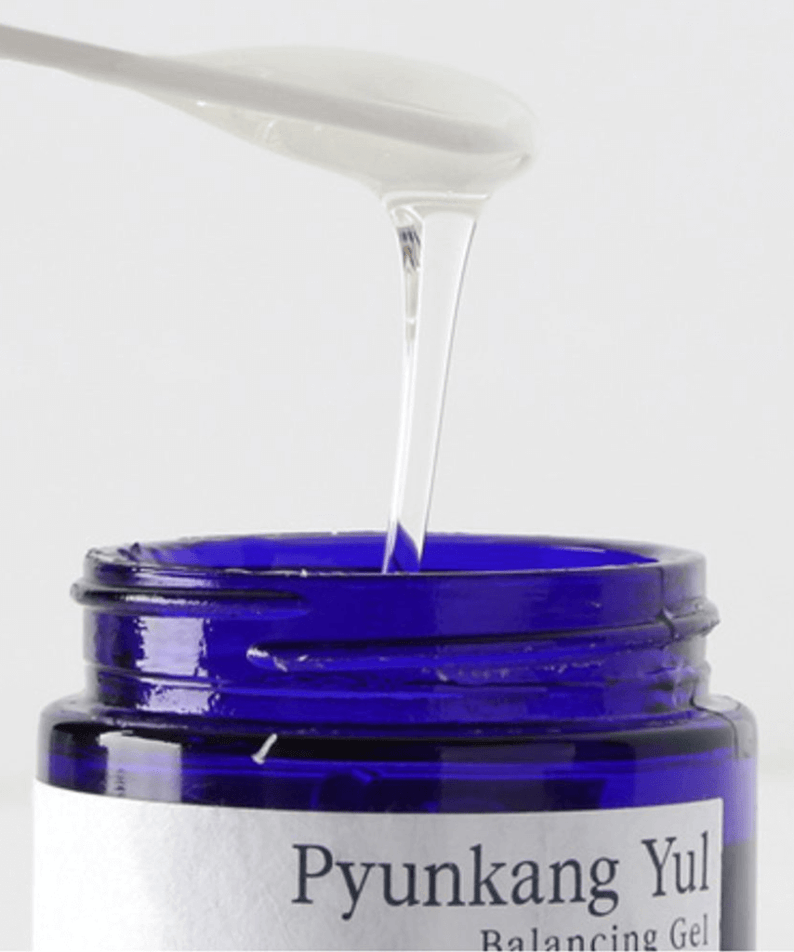 PYUNKANG YUL Balancing Gel 100ml in blue jar with gel being poured from a spoon.