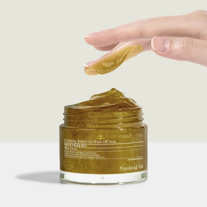 PYUNKANG YUL Calming Relief Gel Wash-Off Pack 100g jar open and texture detail with hand scooping the gel
