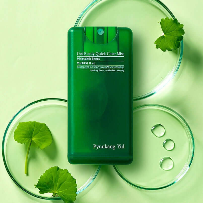 PYUNKANG YUL Get Ready Quick Clear Mist 15ml green bottle on a light green background with fresh plant and water droplets.
