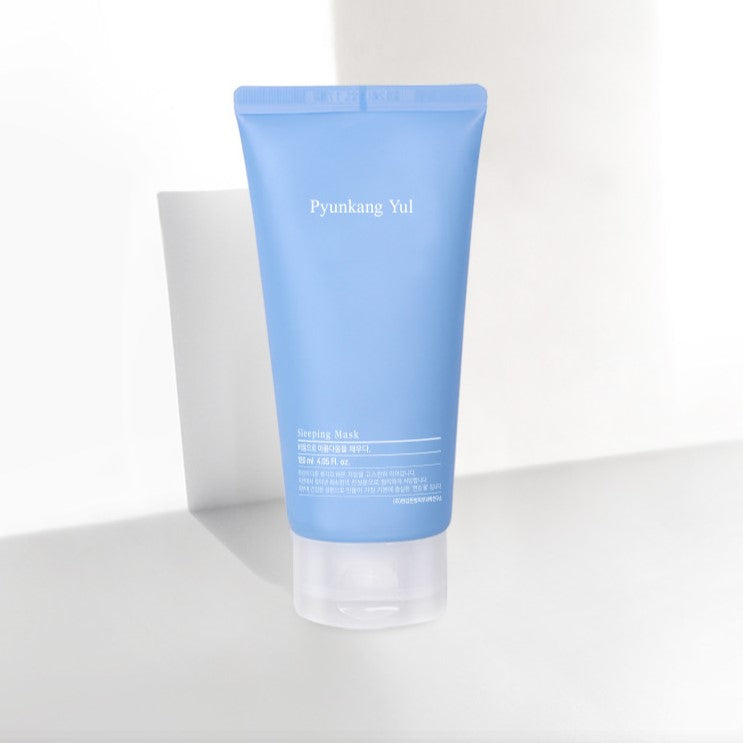 PYUNKANG YUL Sleeping Mask 120ml tube against a neutral background, showcasing its minimalist design and packaging details.