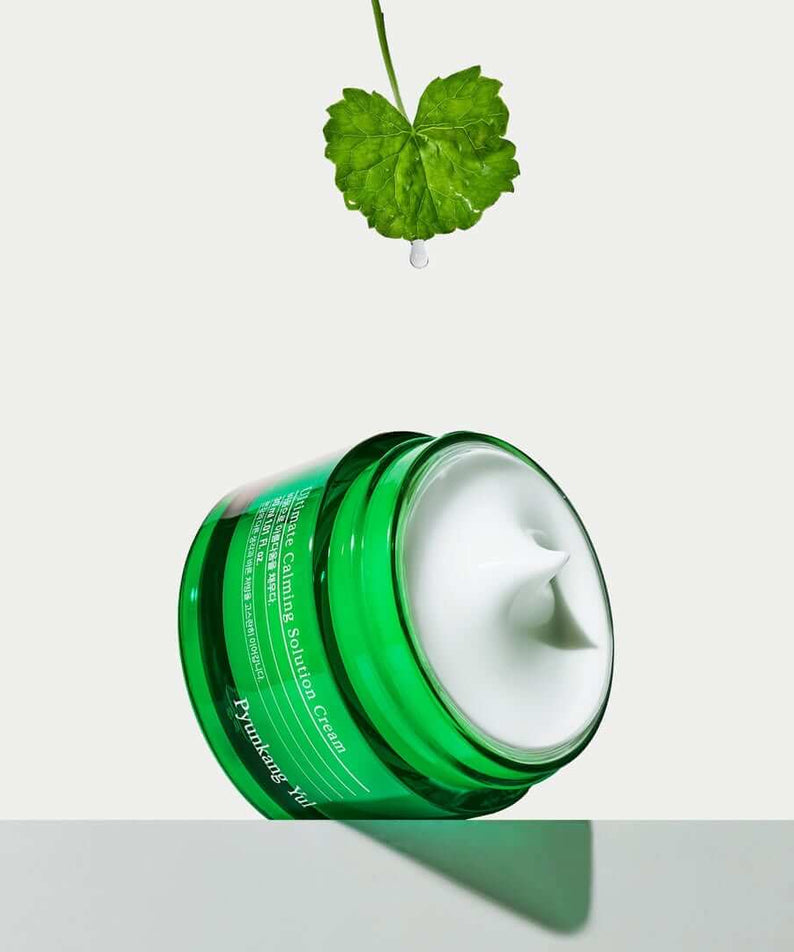 PYUNKANG YUL Ultimate Soothing Solution Cream 30ml with fresh green leaf above for gentle skincare