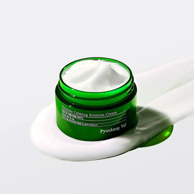 PYUNKANG YUL Ultimate Soothing Solution Cream 30ml in green jar on white background, open lid with visible cream texture.