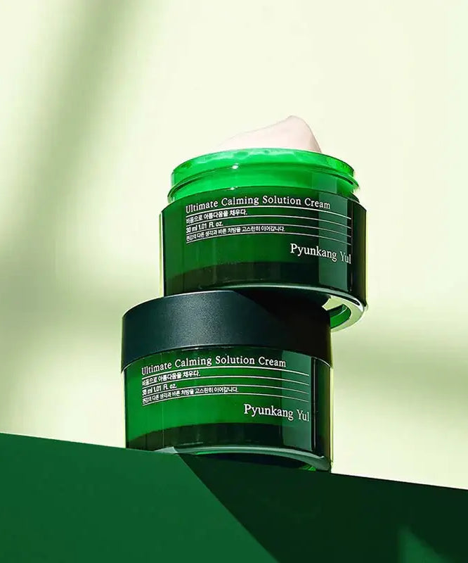 PYUNKANG YUL Ultimate Soothing Solution Cream 30ml jar on display, highlighting green packaging and calming properties.