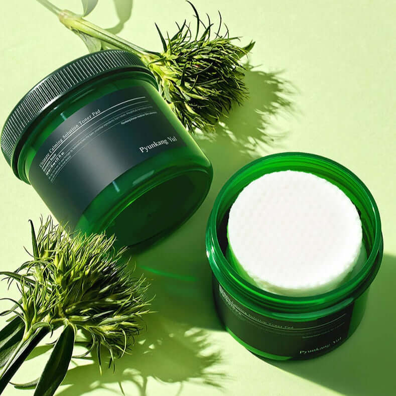 PYUNKANG YUL Ultimate Soothing Solution Toner Pads 70 sheets 140ml displayed with green plant in background