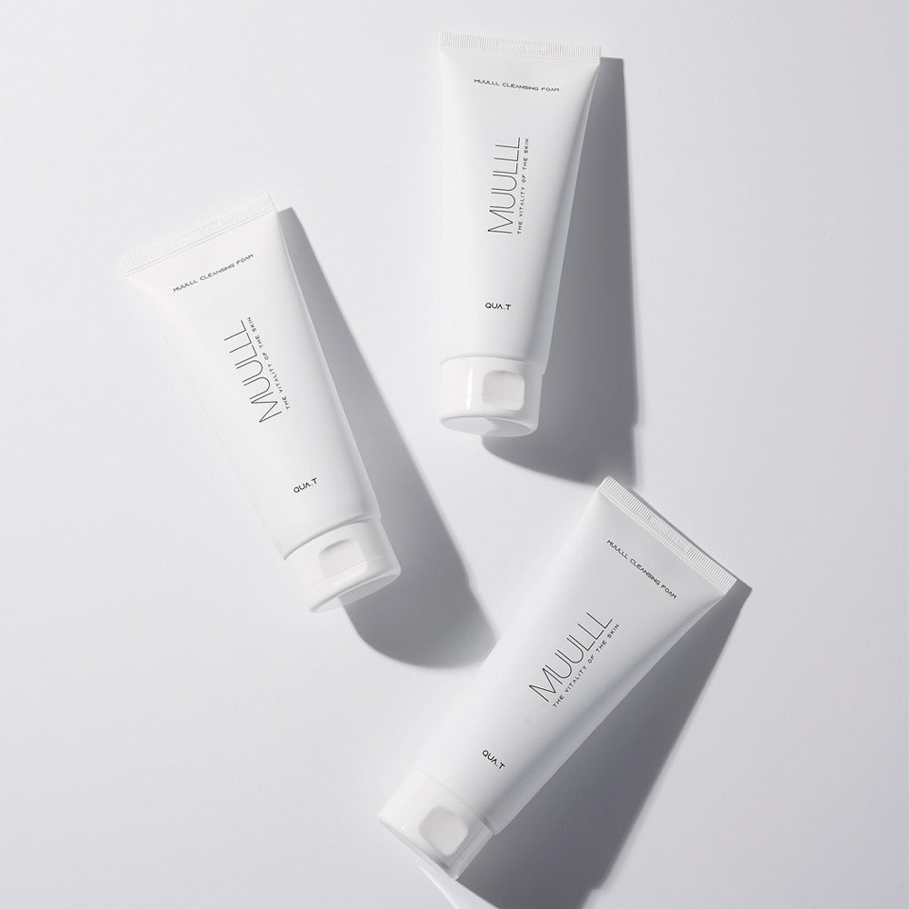 Three tubes of QUA-T Petavegan Large Capacity Cleansing Foam 250g on a white background.