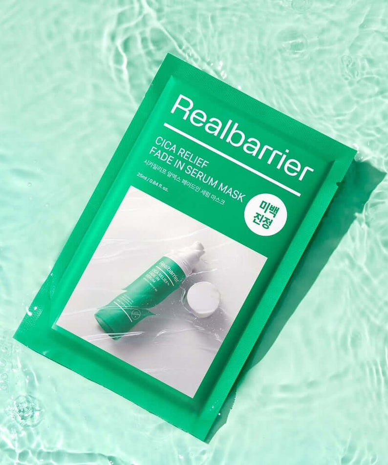 REAL BARRIER Cica Relief Rx Fade-In Serum Mask 10 Sheets package on water surface