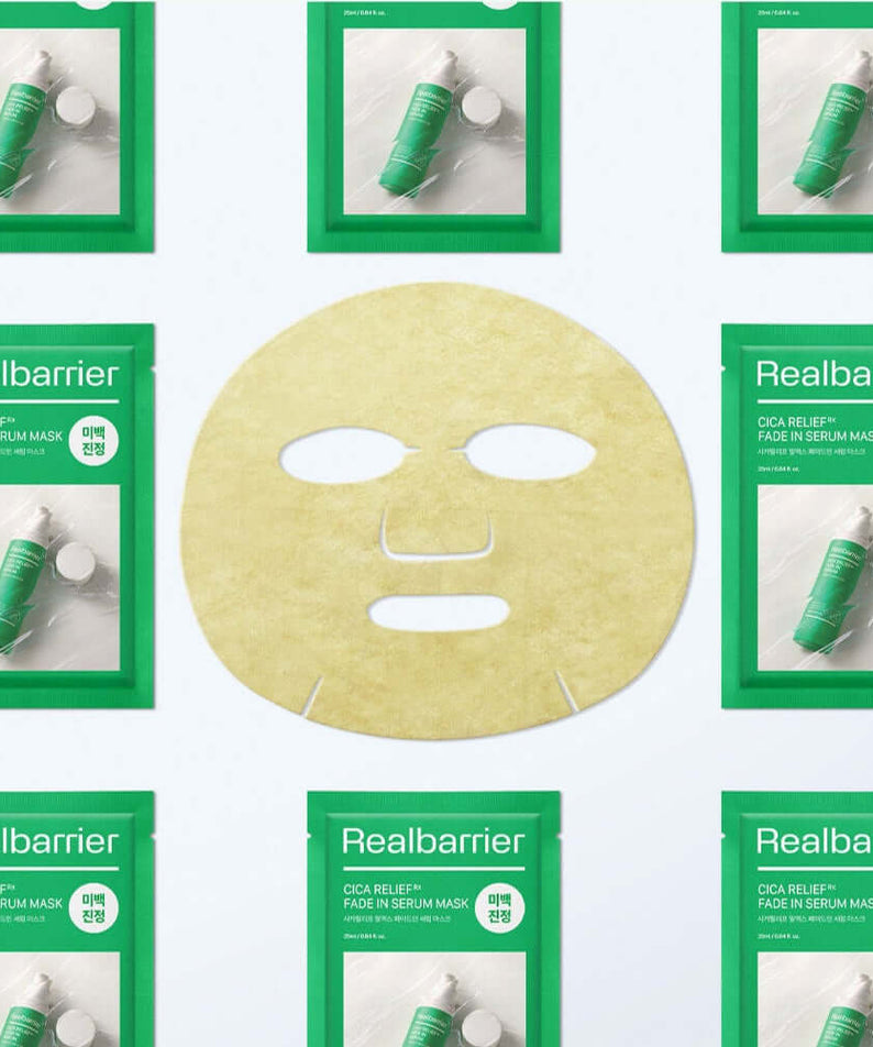REAL BARRIER Cica Relief Rx Fade-In Serum Mask 10 Sheets with sheet mask displayed against packaging.