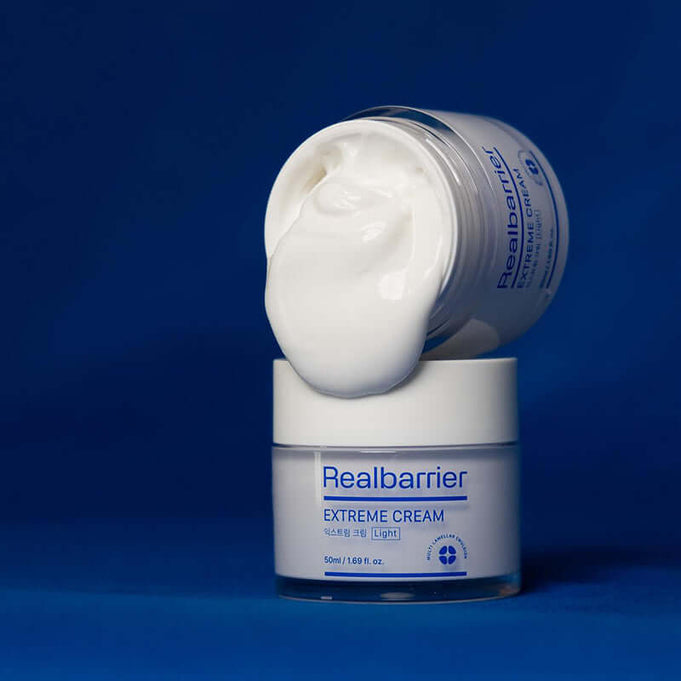 REAL BARRIER Extreme Cream 50ml - moisturizing cream with white texture against blue background