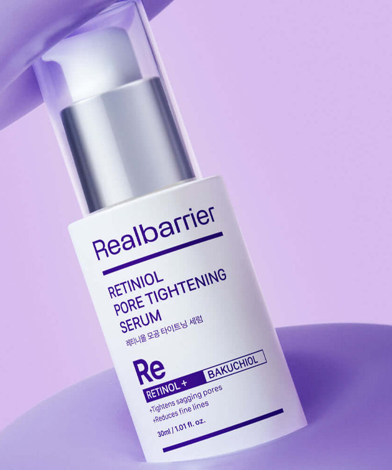 REAL BARRIER Retinol Pore Tightening Serum 30ml skincare product with purple background