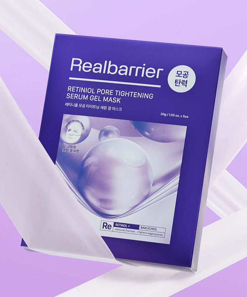 REAL BARRIER Retinol Pore Tightening Serum Gel Mask x5 Sheets packaging on a purple background