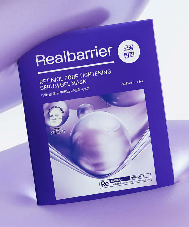 REAL BARRIER Retinol Pore Tightening Serum Gel Mask x5 Sheets packaging with purple design, 30g per sheet. Skincare product.