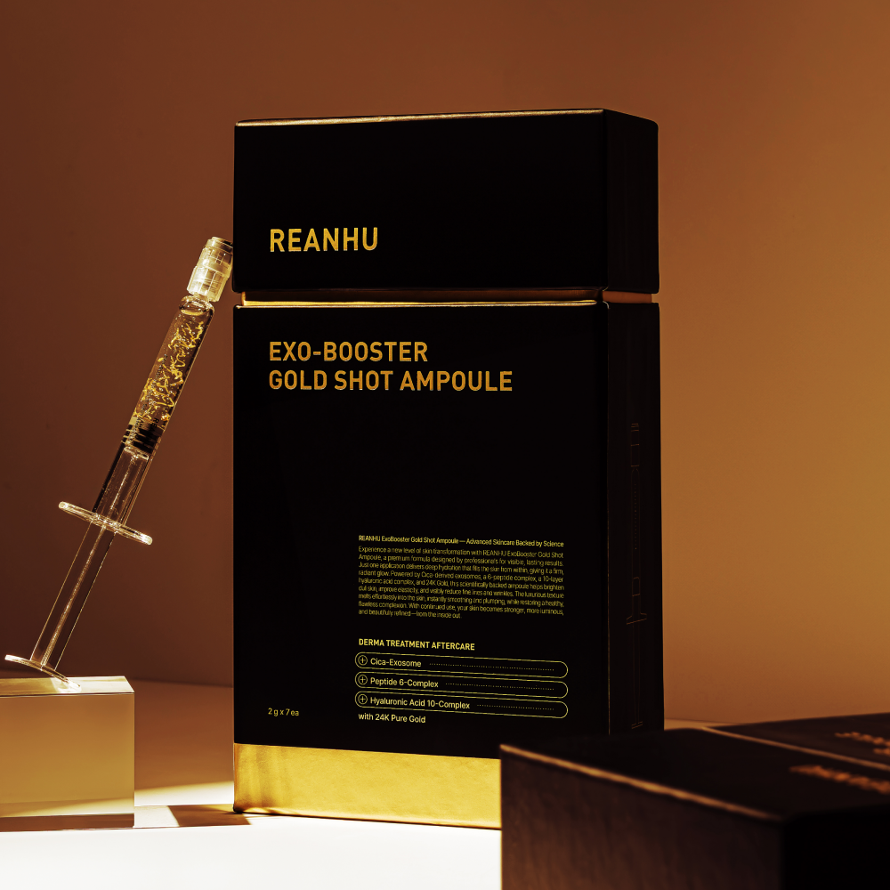 REANHU Exo Booster Gold Shot Ampoule 2 g X 7 ea luxury packaging and gold ampoule for men's skincare by Gentleman Korea