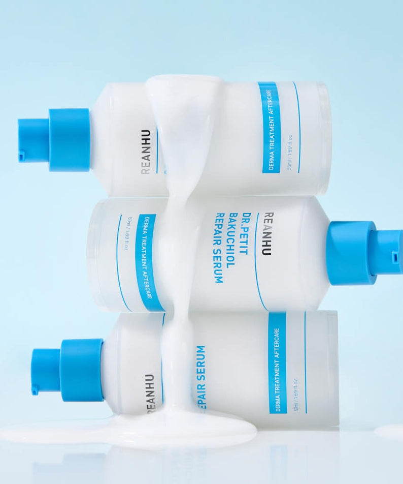 REANHU DR.PETIT Bakuchiol REPAIR Serum 50ml stacked bottles on blue background for Gentleman Korea Korean men's skincare