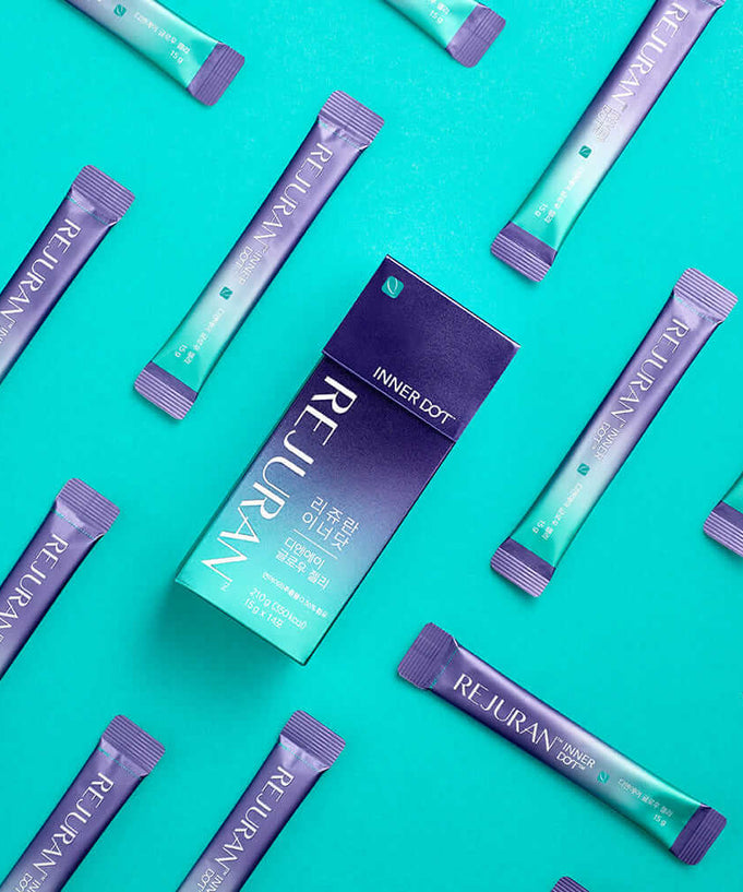 REJURAN Innerdo DNA Glow Jelly 1 box (14p) displayed with individual sachets on a teal background.