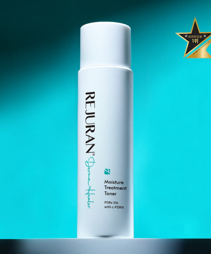 REJURAN Derma Healer Moisture Treatment Toner 150ml product bottle on a turquoise background with award emblem