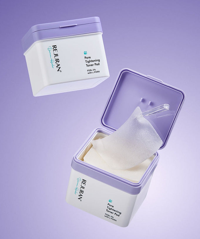 REJURAN Derma Healer Pore Tightening Toner Pads 220ml 60 sheets on purple background with open and closed containers.