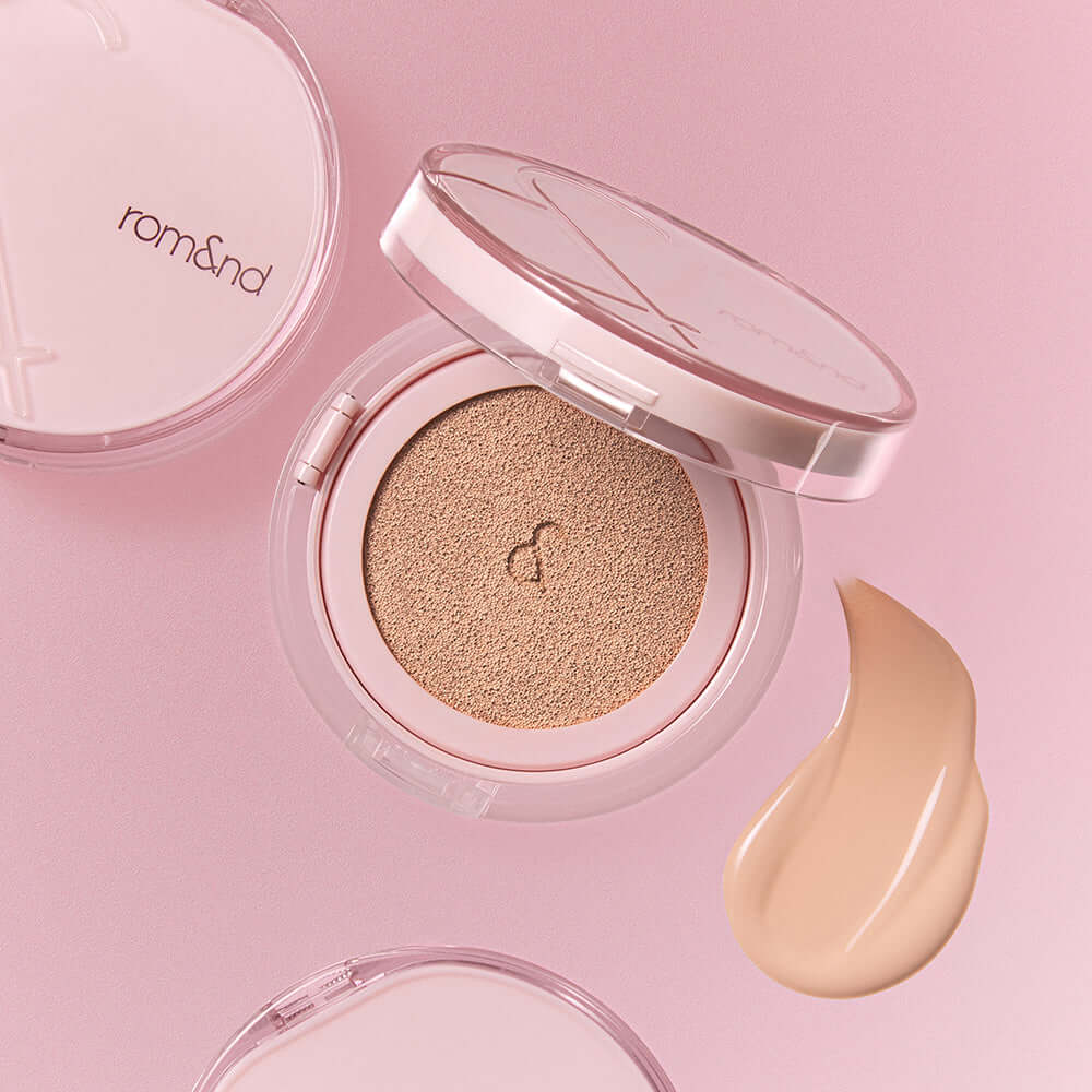 ROMAND Bloom in Coverfit Cushion on a pink background with foundation swatch