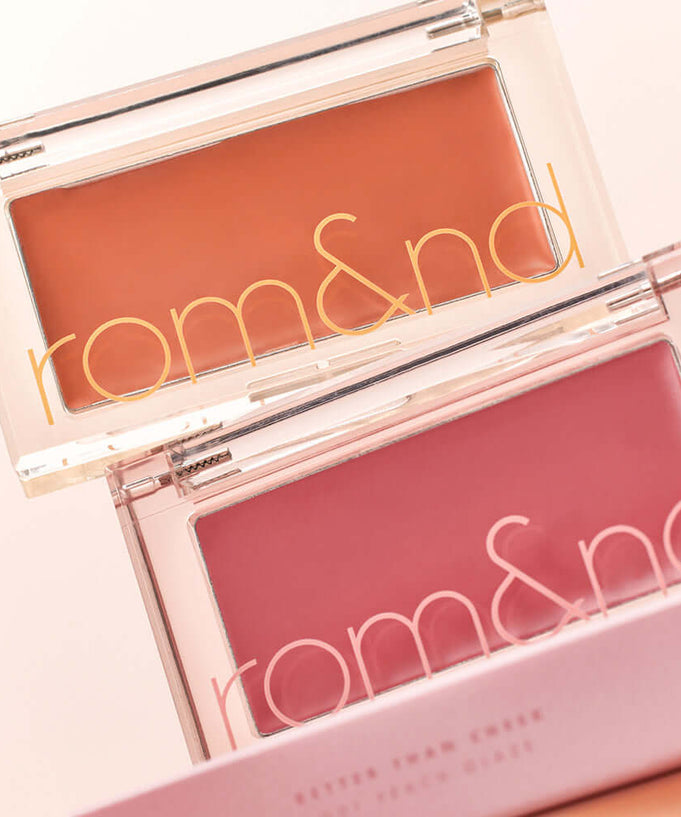 ROMAND better than cheek #glaze cosmetics in peach and pink shades with transparent packaging