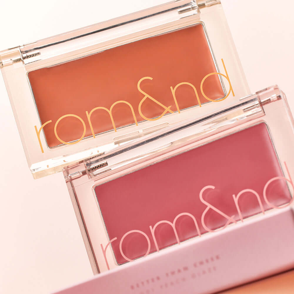 ROMAND better than cheek #glaze cosmetics in peach and pink shades with transparent packaging