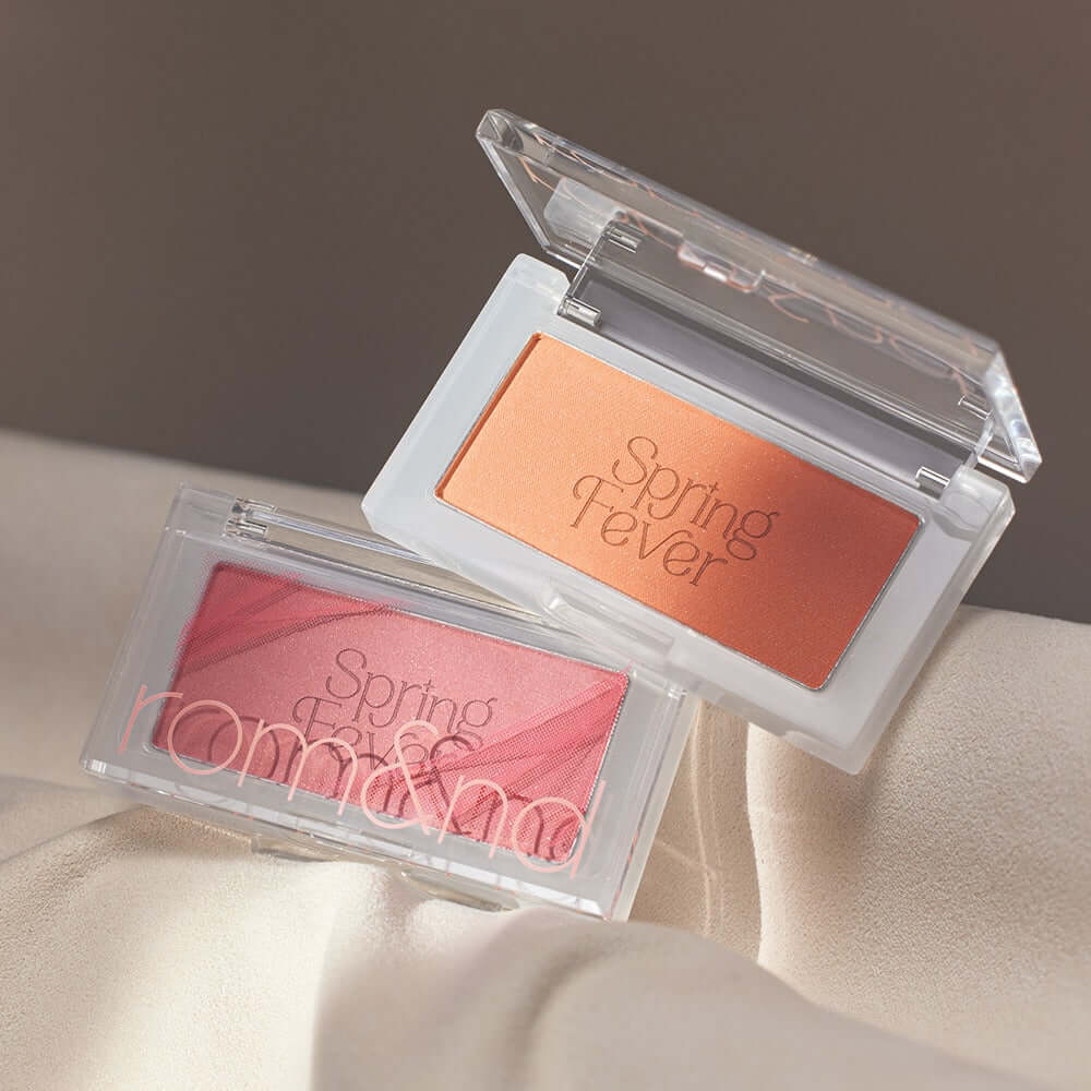 ROMAND better than cheek #springfever blush products in peach and pink shades, offering vibrant, long-lasting color for a fresh look.