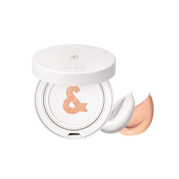 ROMAND white me tone up sun cushion compact with cream and powder swatches