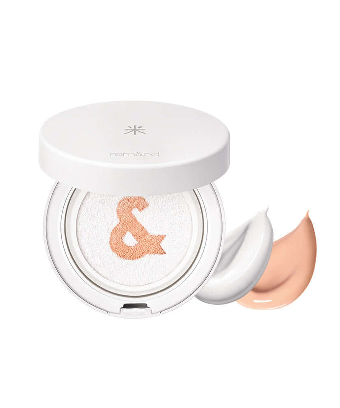 ROMAND white me tone up sun cushion compact with cream and powder swatches
