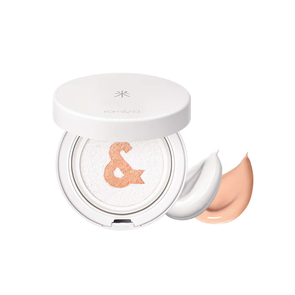 ROMAND white me tone up sun cushion compact with cream and powder swatches