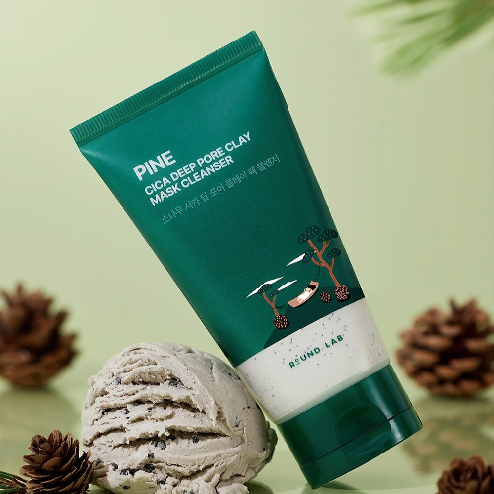 ROUND LAB Pine Cica Deep Pore Clay Pack Cleanser 150ml in green packaging with natural elements in background