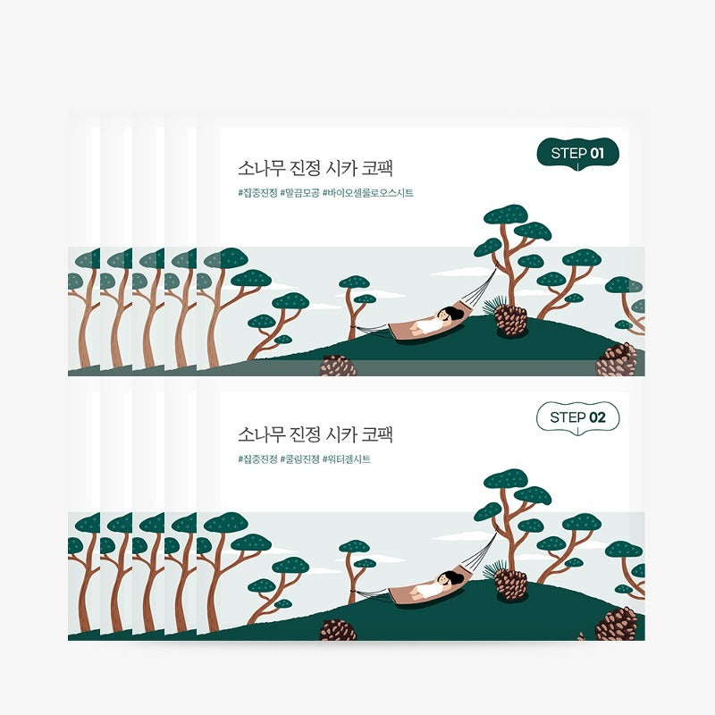 Packaging of ROUND LAB Pine Soothing Cica Co-pack (5 sheets) featuring illustrated pine trees and a person relaxing in a hammock.