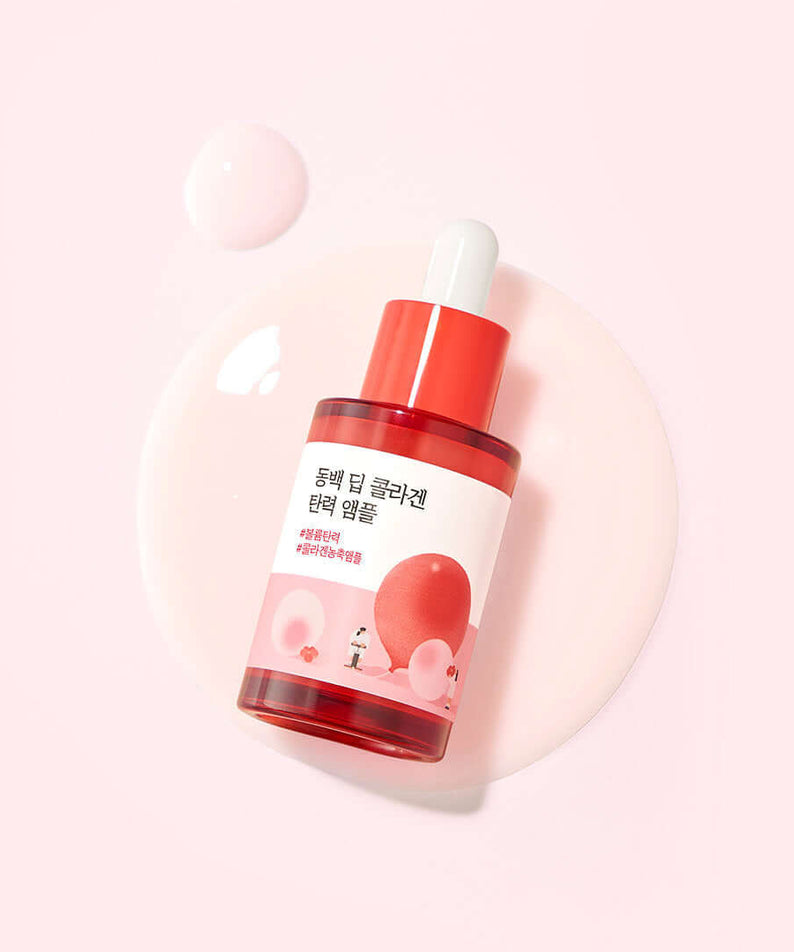 ROUND LAB Dongbeak Deep Collagen Elasticity Ampoule 30ml on pink background