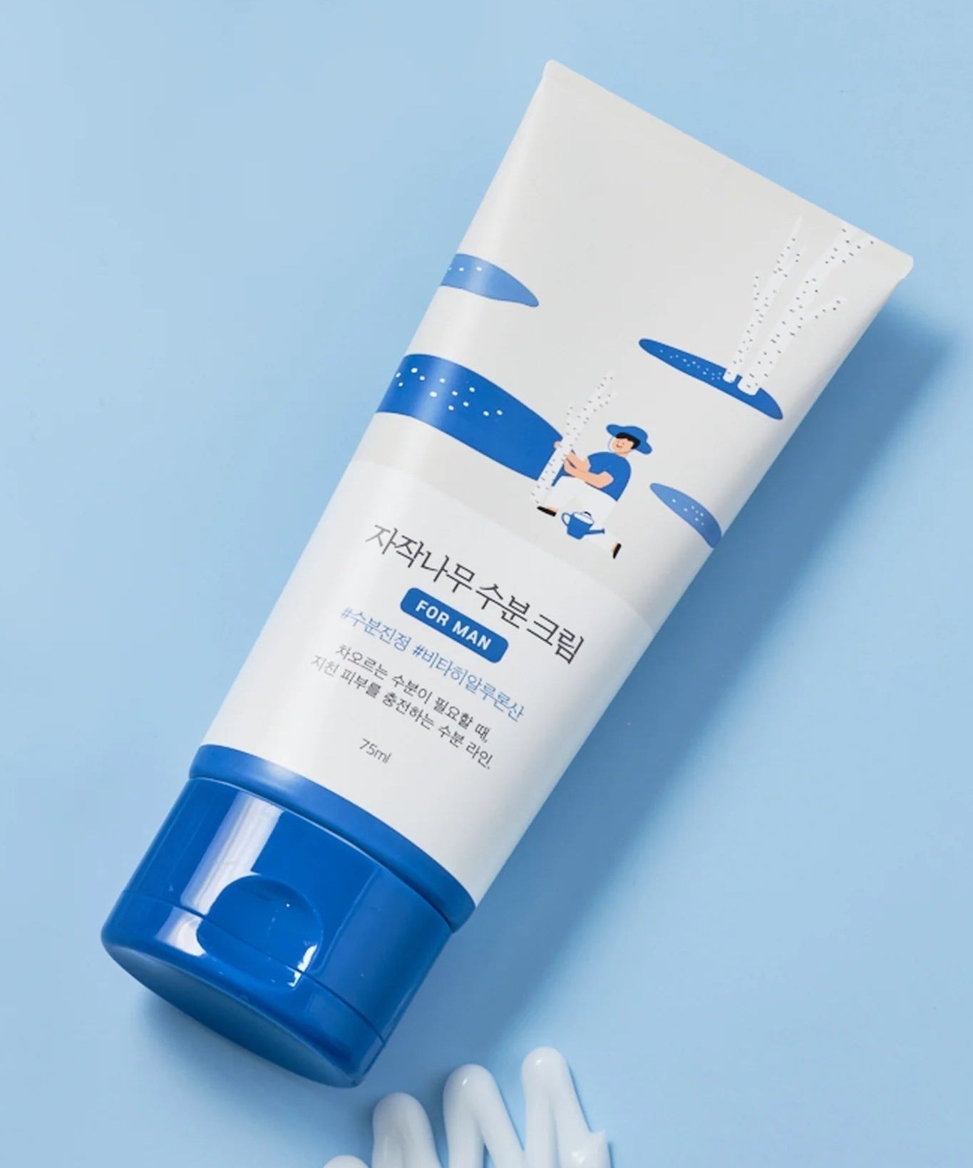 ROUND LAB For Men Birch Moisture Cream 75ml - Gentleman Korea product shot of blue-white tube and cream on light blue background