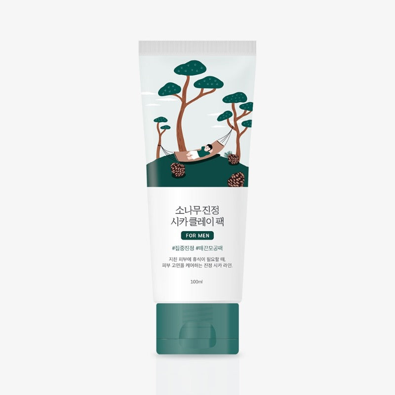 ROUND LAB For Men Pine Calming Cica Clay Pack 100ml - Gentleman Korea packaging showing tube with pine illustration for men skincare