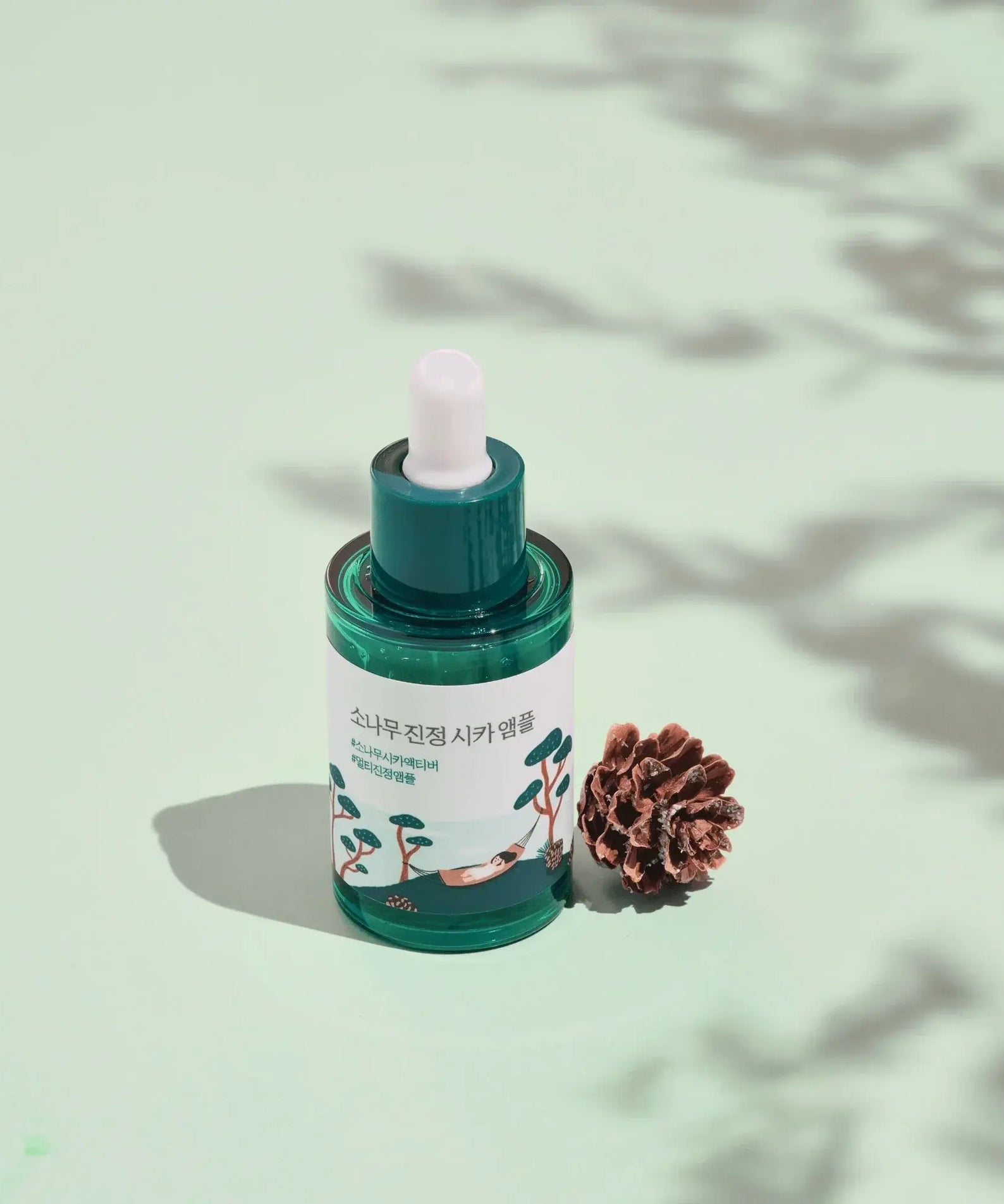 ROUND LAB Pine Calming Cica Ampoule 30ml with pine cone on pastel green background