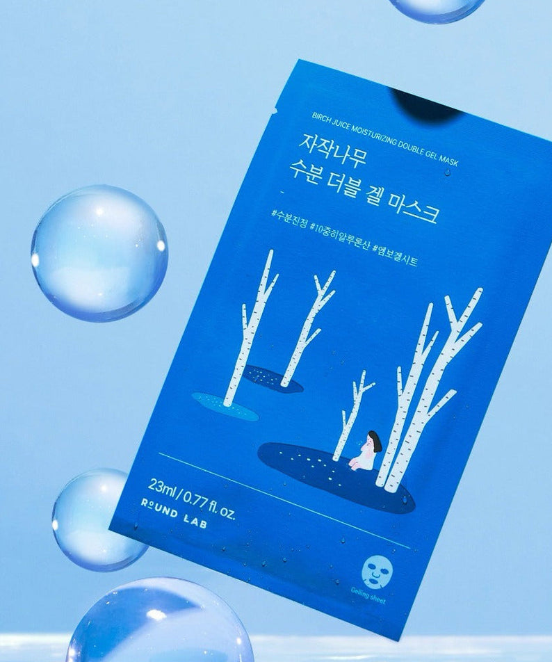 Image of ROUND LAB Birch Moisture Double Gel Mask (10 sheets) packaging with birch tree design and blue bubbles on a light background.