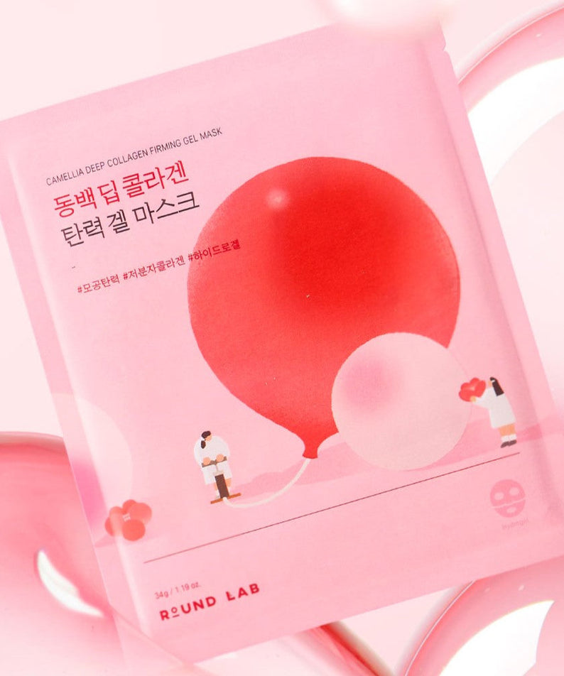 ROUND LAB Camellia Deep Collagen Firming Gel Mask packaging with pink and red design.
