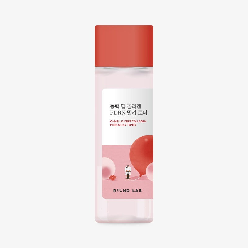 Image of ROUND LAB Dongbaek Deep Collagen PDRN Milky Toner 150ml bottle with pink and red themed design.