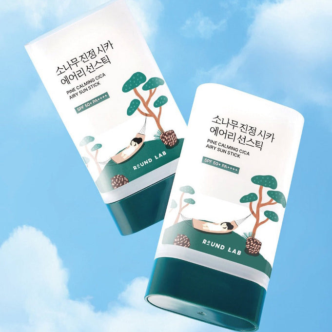ROUND LAB Pine Soothing Cica Airy Sun Stick 19g with calming pine and cica extract for soothing SPF protection.