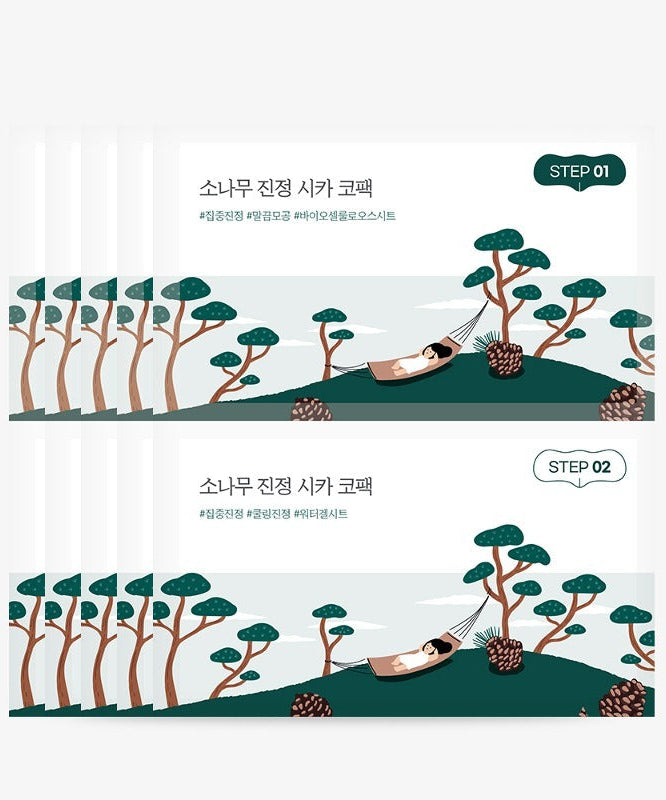 Packaging of ROUND LAB Pine Soothing Cica Co-pack (5 sheets) featuring illustrated pine trees and a person relaxing in a hammock.