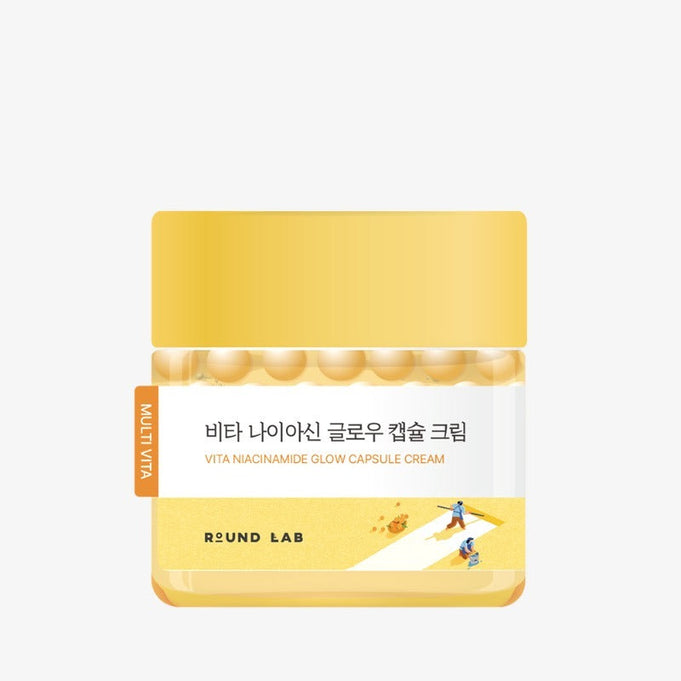 Image of ROUND LAB Vita Niacin Glow Capsule Cream 50ml in yellow packaging, highlighting the product's brightening and nourishing benefits.