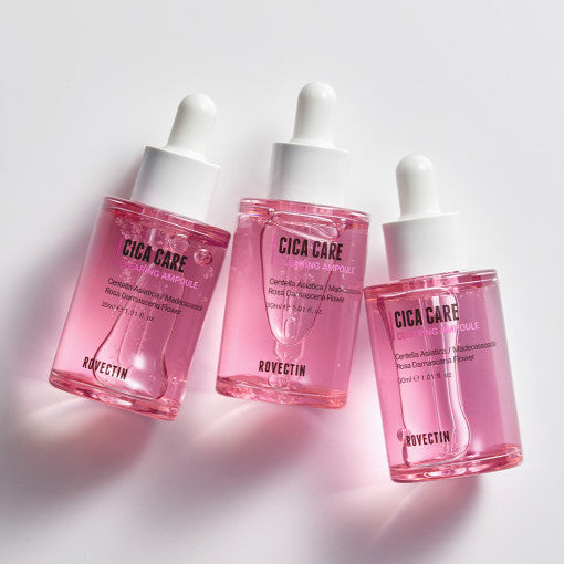 ROVECTIN Cica Care Clearing Ampoule 30ml bottles with pink serum and dropper lids.