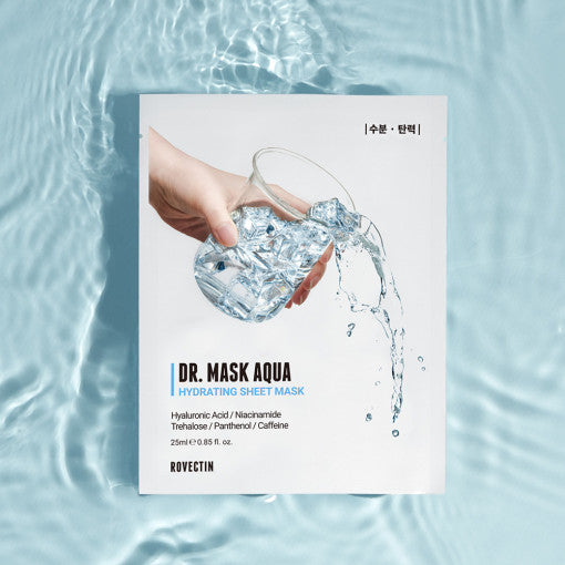 ROVECTIN Doctor Aqua Mask packaging on a watery background, showcasing hydrating sheet mask benefits.