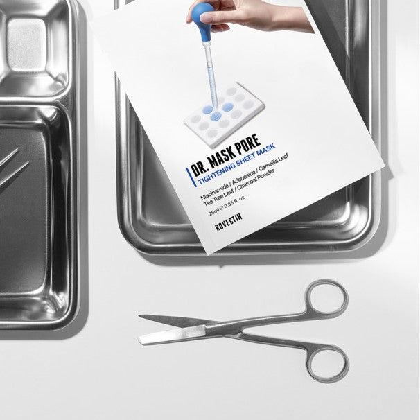 ROVECTIN Doctor Pore Tightening Mask packaging and tools on a metal tray, showcasing skincare product for pore care.