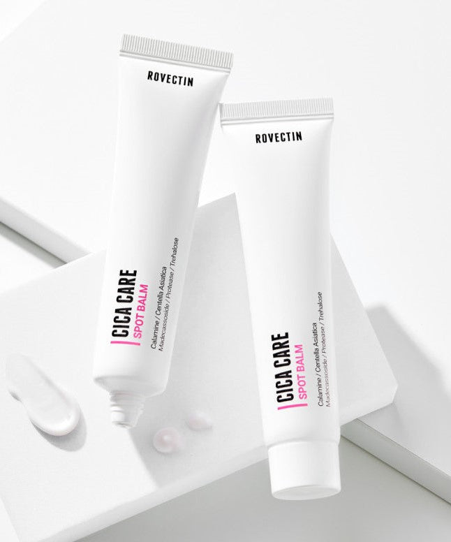 Two tubes of ROVECTIN Cica Care Spot Balm 40ml on white background, skincare product for soothing and protecting skin.